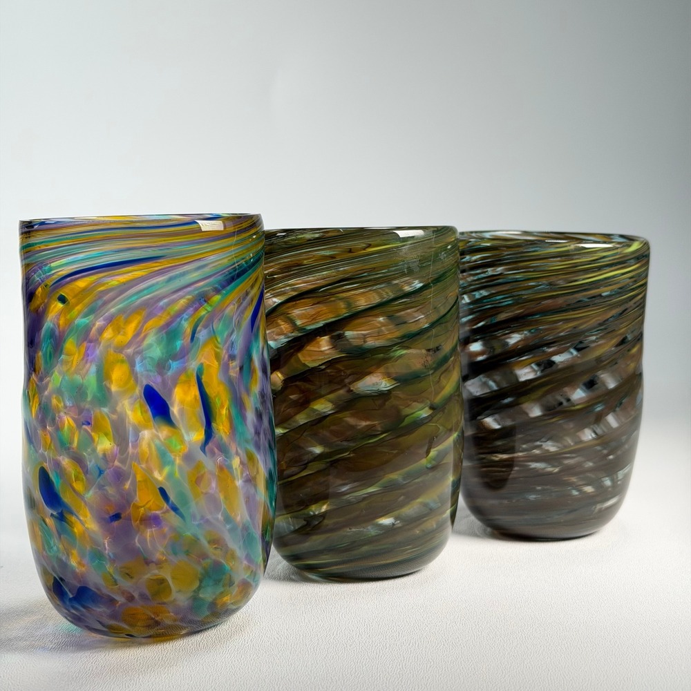 Hand Blown Art Glass Tumbler Cups Set of 3 Multicolor Swirl Confetti Signed